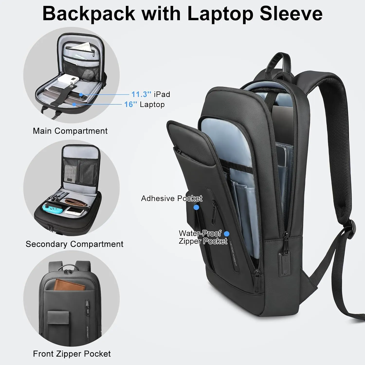 Mens Backpack Slim Business Backpack with USB Charging Port Lightweight Computer Backpacks for 16 Inch Laptop Bag Water-Resistant Anti-Theft Daypack for Daily Office Work College Travel-Black