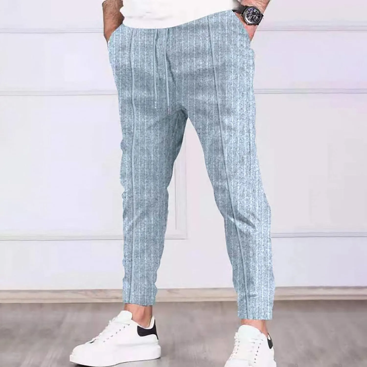 Mens Linen Stripe Casual Pants Stretch Slim Fit Skinny Jogging Sweatpants for Men Textured Business Tapered Chino Trousers