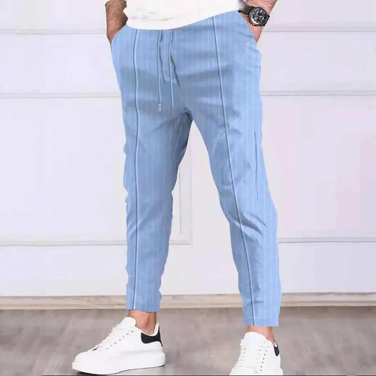 Mens Linen Stripe Casual Pants Stretch Slim Fit Skinny Jogging Sweatpants for Men Textured Business Tapered Chino Trousers