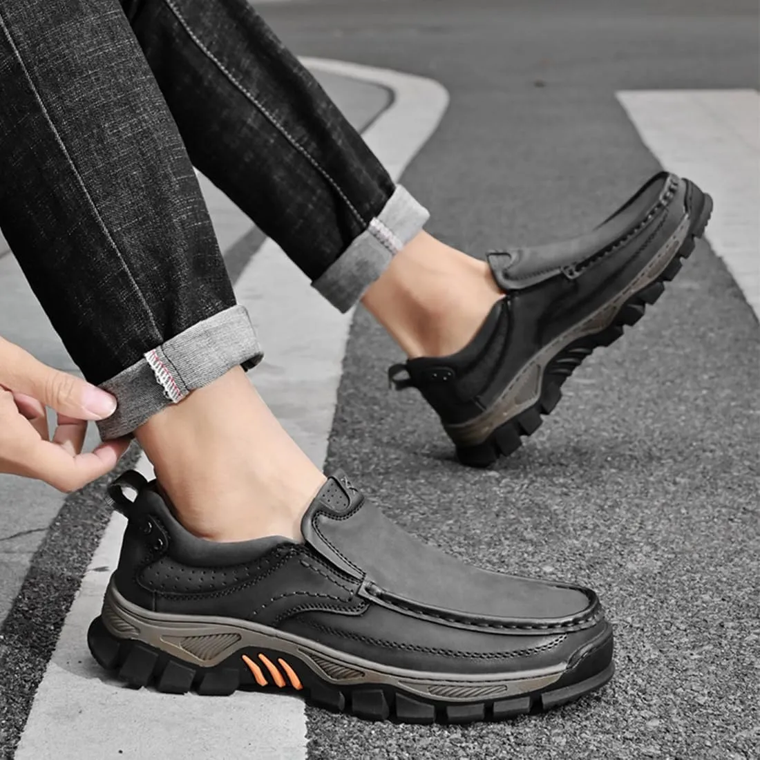 Men's Orthopedic Hands-Free Genuine Leather Slip On Loafers,Comfortable Non-Slip Outdoor Walking Hiking Office Shoes