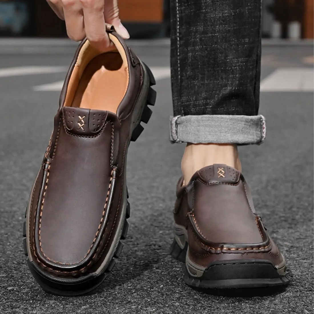 Men's Orthopedic Hands-Free Genuine Leather Slip On Loafers,Comfortable Non-Slip Outdoor Walking Hiking Office Shoes