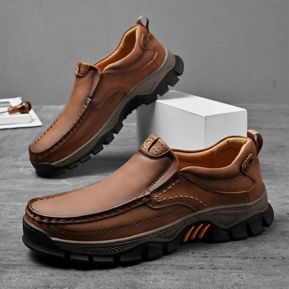 Men's Orthopedic Hands-Free Genuine Leather Slip On Loafers,Comfortable Non-Slip Outdoor Walking Hiking Office Shoes