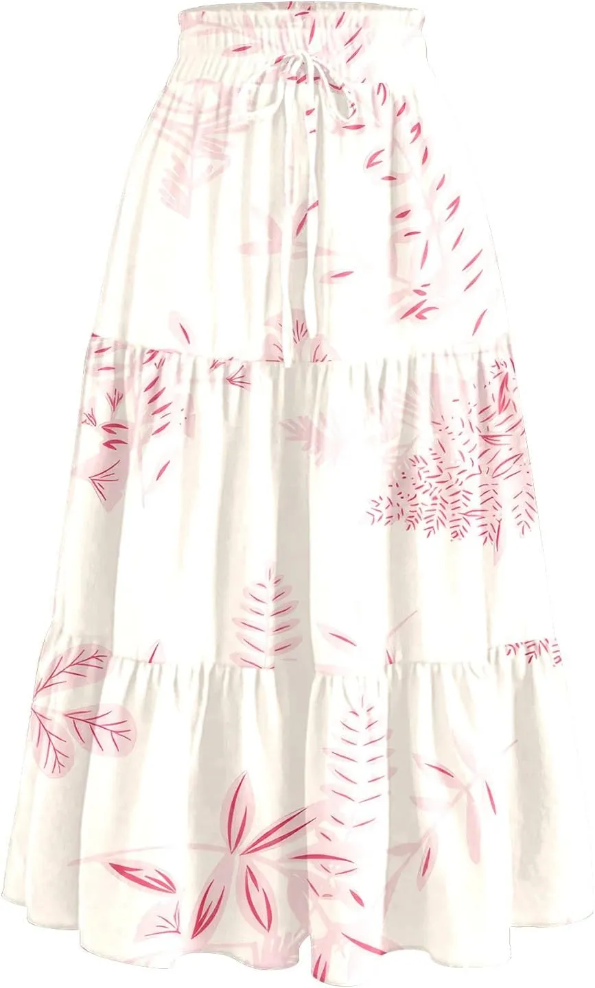 Midi Skirts for Women 2025 High Elastic Waisted Boho Floral Skirts Tiered Ruffle Skirt Flowy A Line Skorts with Pockets
