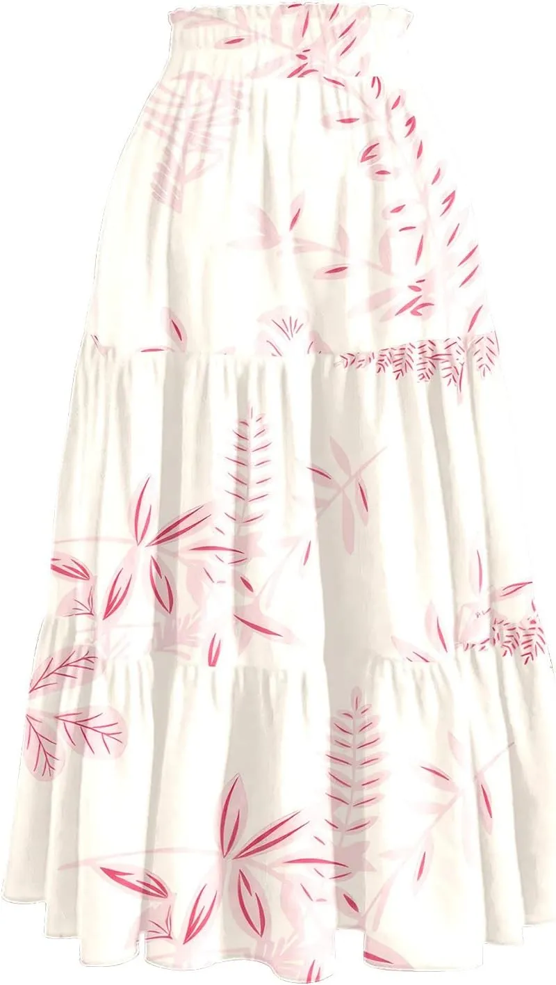 Midi Skirts for Women 2025 High Elastic Waisted Boho Floral Skirts Tiered Ruffle Skirt Flowy A Line Skorts with Pockets