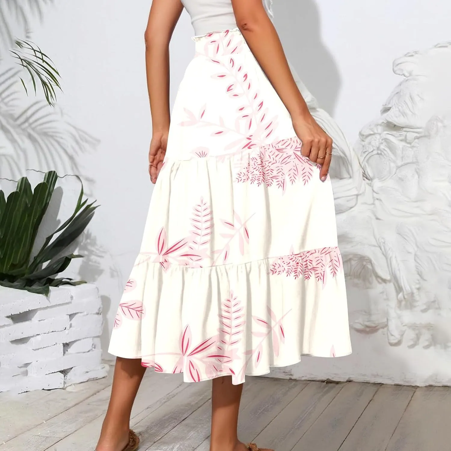 Midi Skirts for Women 2025 High Elastic Waisted Boho Floral Skirts Tiered Ruffle Skirt Flowy A Line Skorts with Pockets