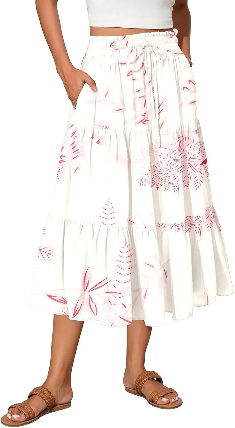 Midi Skirts for Women 2025 High Elastic Waisted Boho Floral Skirts Tiered Ruffle Skirt Flowy A Line Skorts with Pockets