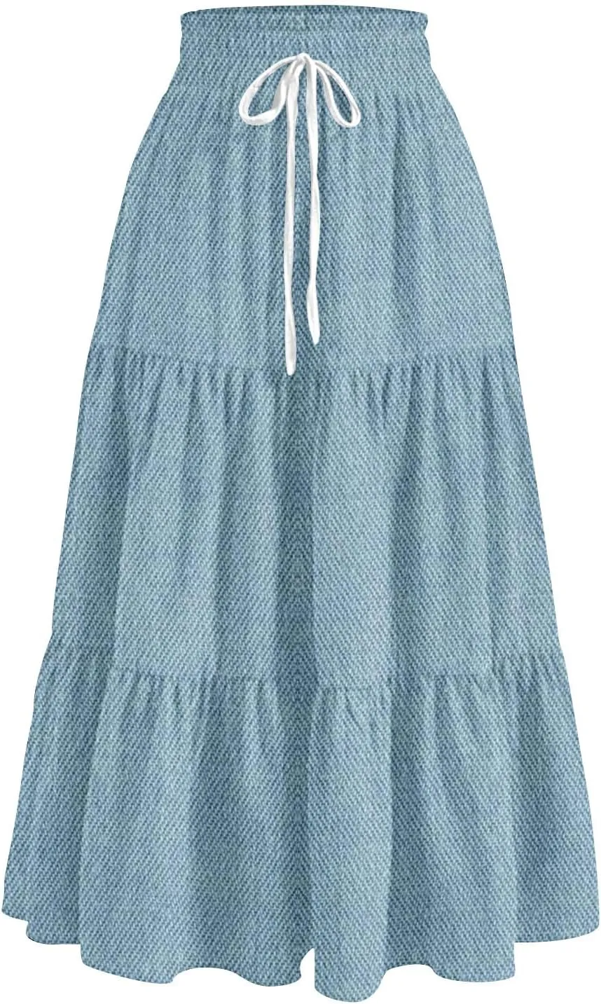 Midi Skirts for Women Summer Drawstring High Waisted A Line Skirt Casual Vacation Tiered Ruffle Long Denim Skirts