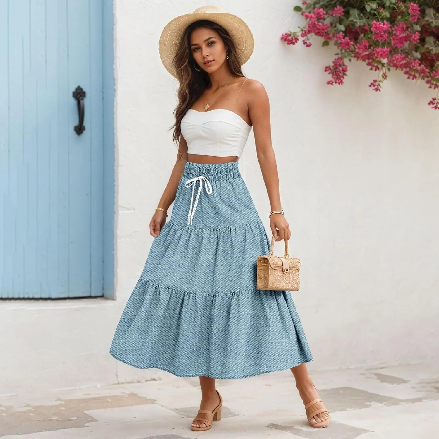 Midi Skirts for Women Summer Drawstring High Waisted A Line Skirt Casual Vacation Tiered Ruffle Long Denim Skirts
