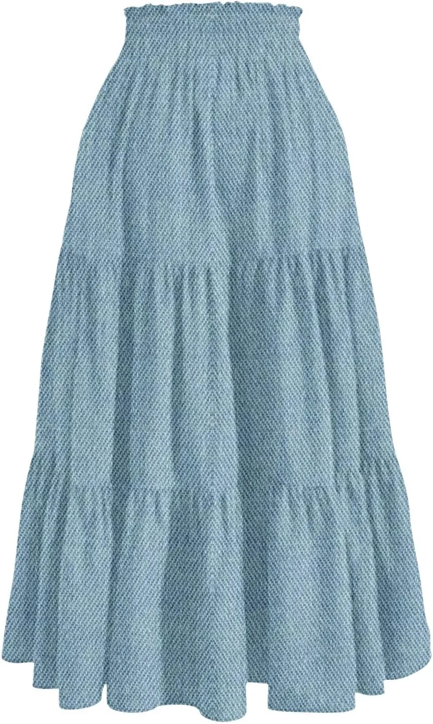 Midi Skirts for Women Summer Drawstring High Waisted A Line Skirt Casual Vacation Tiered Ruffle Long Denim Skirts