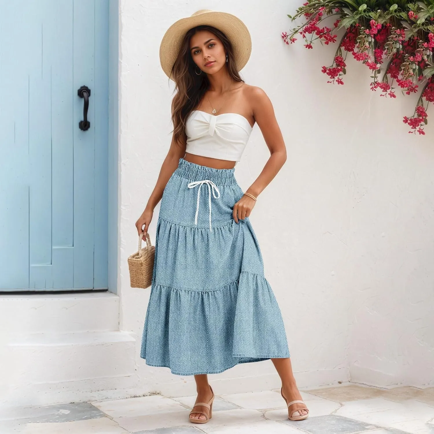 Midi Skirts for Women Summer Drawstring High Waisted A Line Skirt Casual Vacation Tiered Ruffle Long Denim Skirts