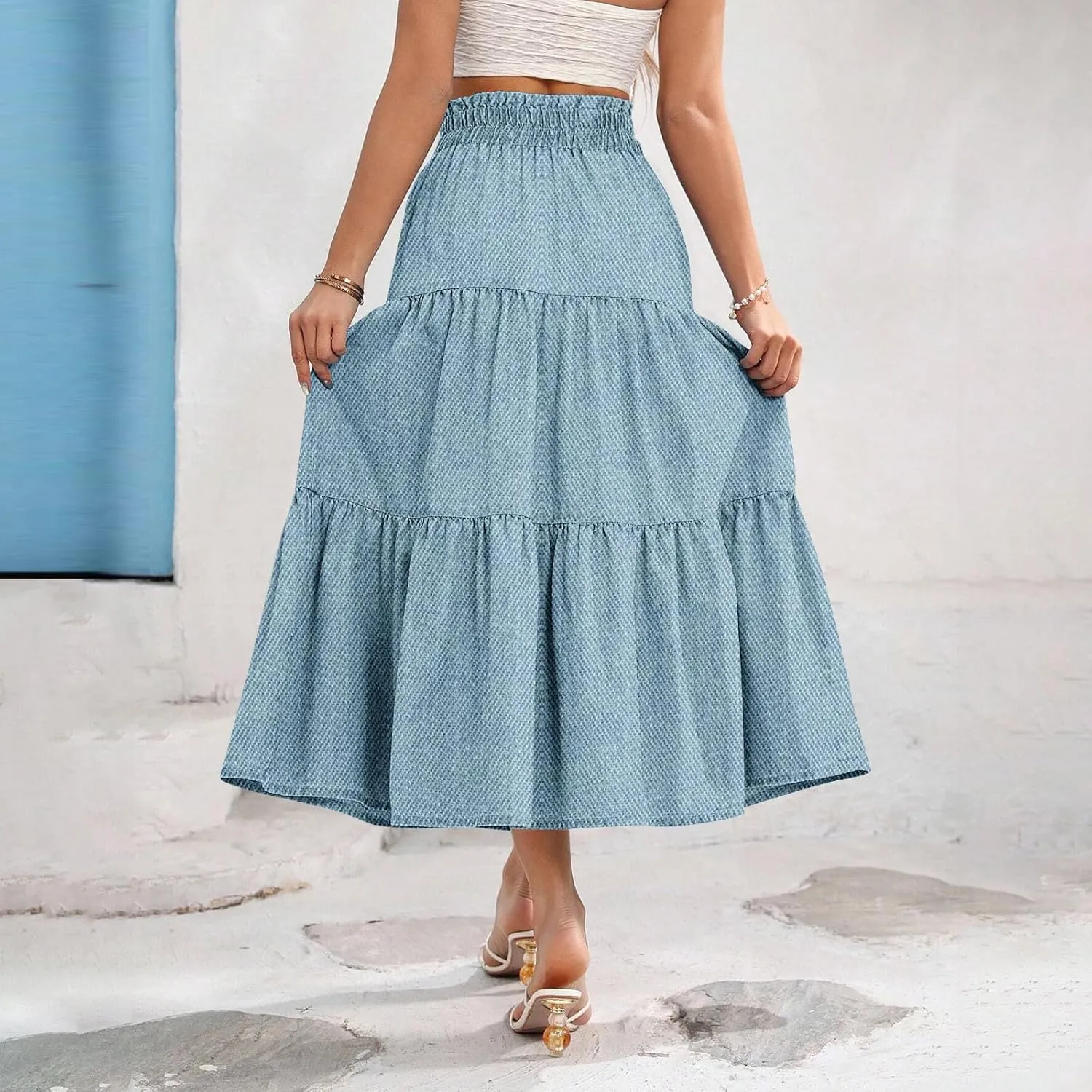 Midi Skirts for Women Summer Drawstring High Waisted A Line Skirt Casual Vacation Tiered Ruffle Long Denim Skirts