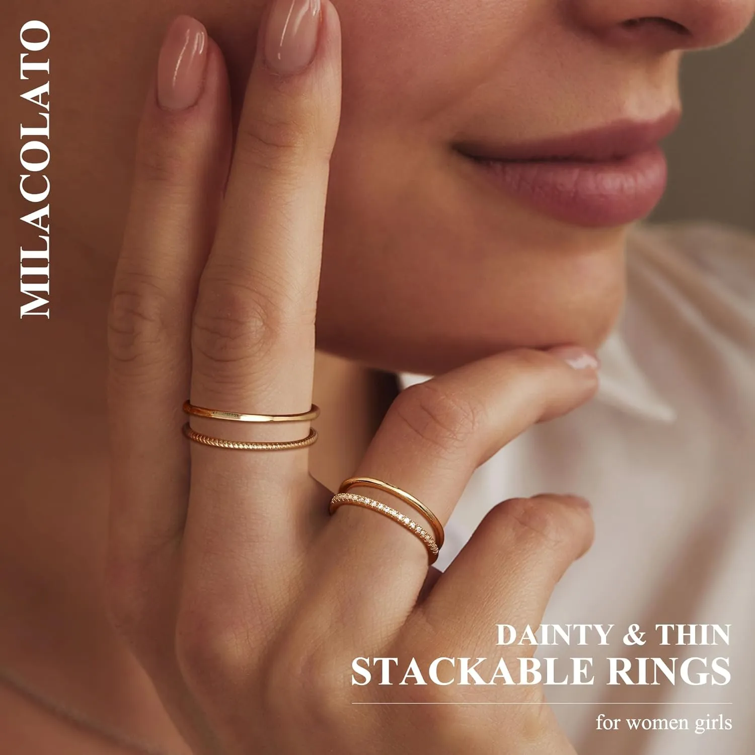 MILACOLATO 14K Gold Filled 1.3mm Thin Stackable Rings for Women - Minimalist Non Tarnish Half Cubic Zirconia Band Rings - Dainty Trendy Statement Stacking Rings Set Size 5-10