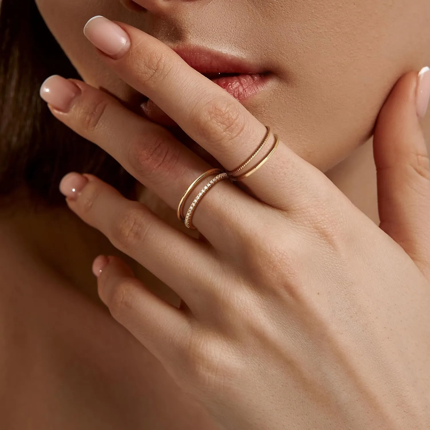 MILACOLATO 14K Gold Filled 1.3mm Thin Stackable Rings for Women - Minimalist Non Tarnish Half Cubic Zirconia Band Rings - Dainty Trendy Statement Stacking Rings Set Size 5-10
