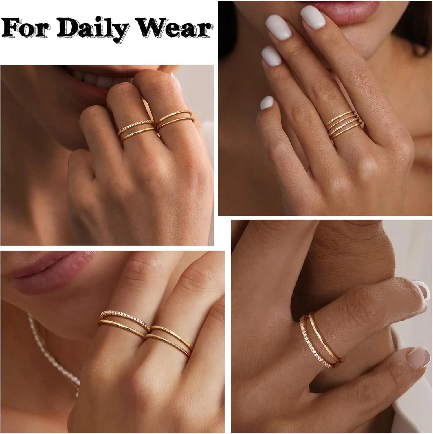 MILACOLATO 14K Gold Filled 1.3mm Thin Stackable Rings for Women - Minimalist Non Tarnish Half Cubic Zirconia Band Rings - Dainty Trendy Statement Stacking Rings Set Size 5-10