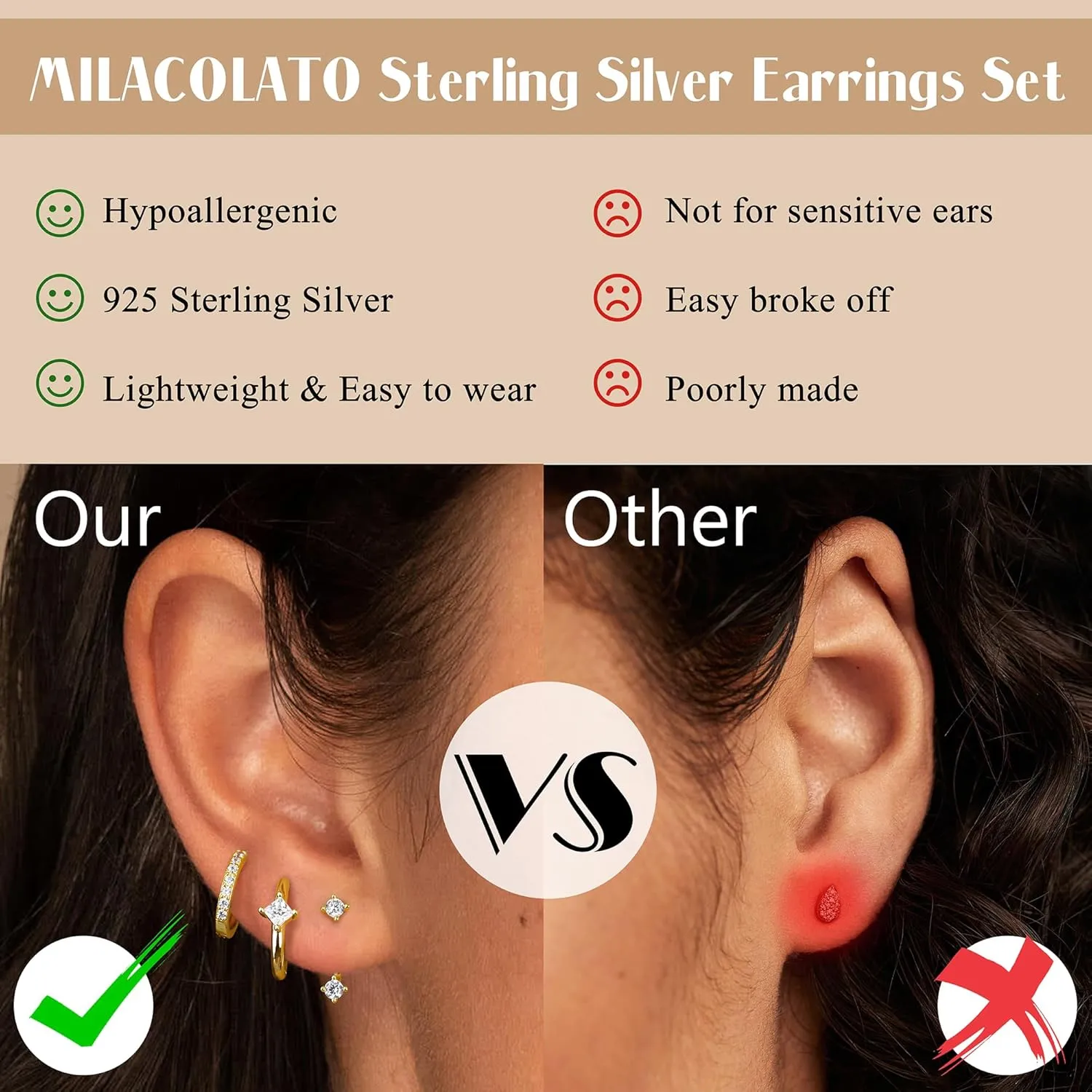 MILACOLATO 3 Pairs 925 Sterling Silver Earrings for Women, Dainty 14K Gold Plated Huggie Hoop Earrings Sets for Multiple Piercing, Hypoallergenic Cartilage Stud Hoop Earrings Stacks Trendy Jewelry Gifts for Women Mother