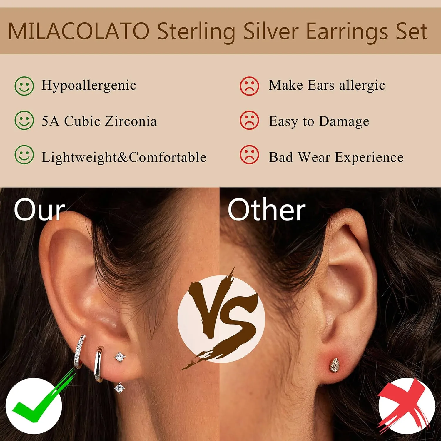 MILACOLATO 3 Pairs 925 Sterling Silver Earrings for Women, Dainty 14K Gold Plated Huggie Hoop Earrings Sets for Multiple Piercing, Hypoallergenic Cartilage Stud Hoop Earrings Stacks Trendy Jewelry Gifts for Women Mother