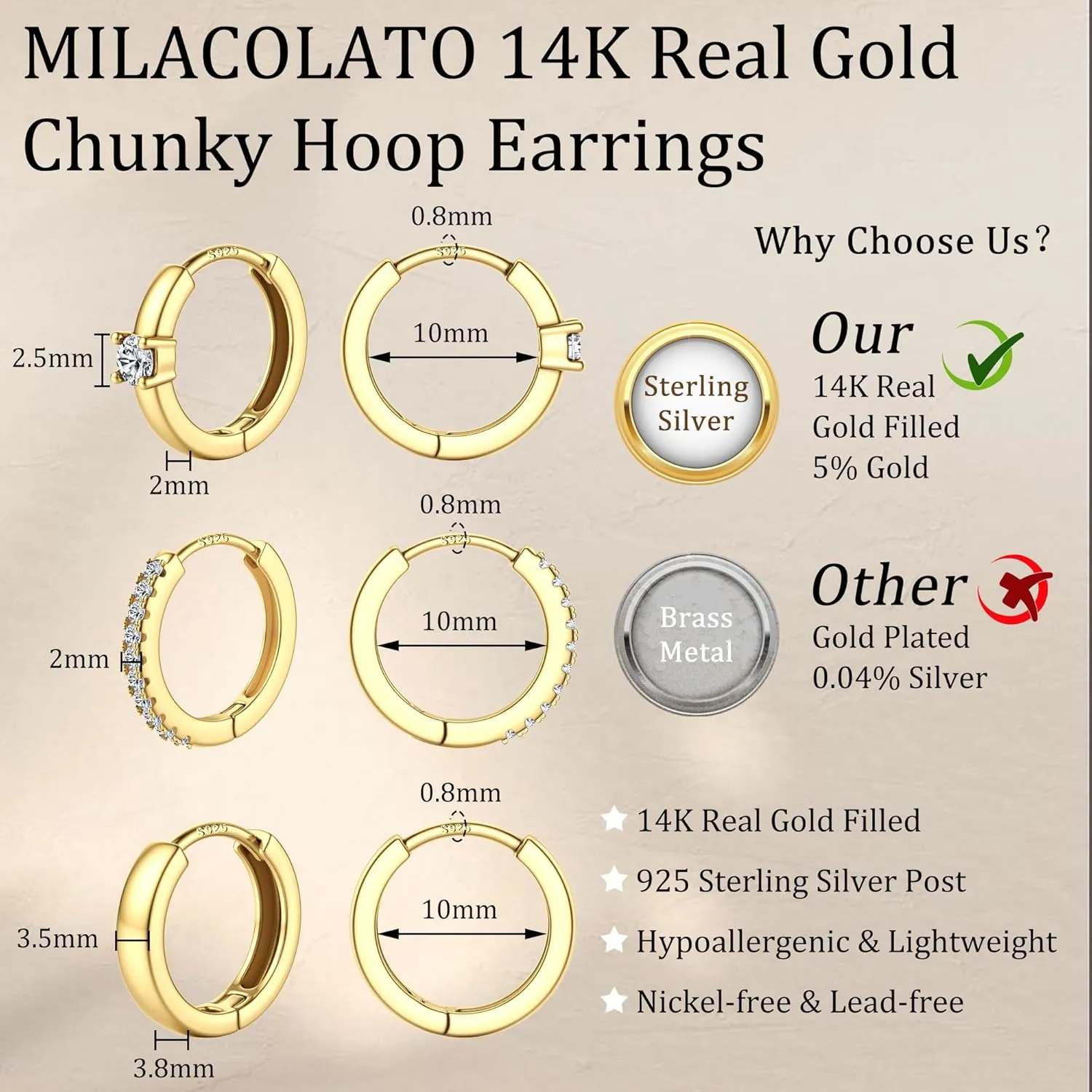 MILACOLATO 3 Pairs Gold Hoop Earrings for Women 14K Gold Filled 925 Sterling Silver Post Small Chunky Gold Hoop Earrings Hypoallergenic Trendy Gold Huggie Earrings Stacks for Multiple Piercing