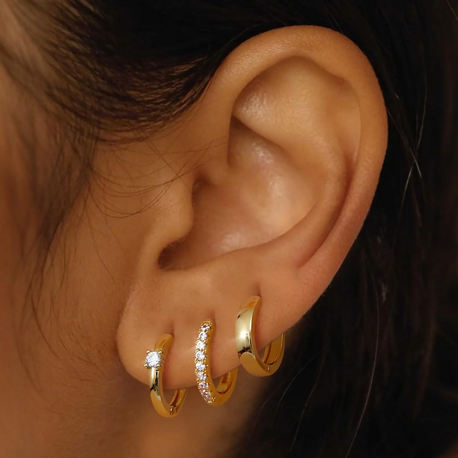 MILACOLATO 3 Pairs Gold Hoop Earrings for Women 14K Gold Filled 925 Sterling Silver Post Small Chunky Gold Hoop Earrings Hypoallergenic Trendy Gold Huggie Earrings Stacks for Multiple Piercing