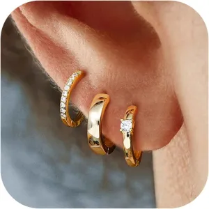 MILACOLATO 3 Pairs Gold Hoop Earrings for Women 14K Gold Filled 925 Sterling Silver Post Small Chunky Gold Hoop Earrings Hypoallergenic Trendy Gold Huggie Earrings Stacks for Multiple Piercing