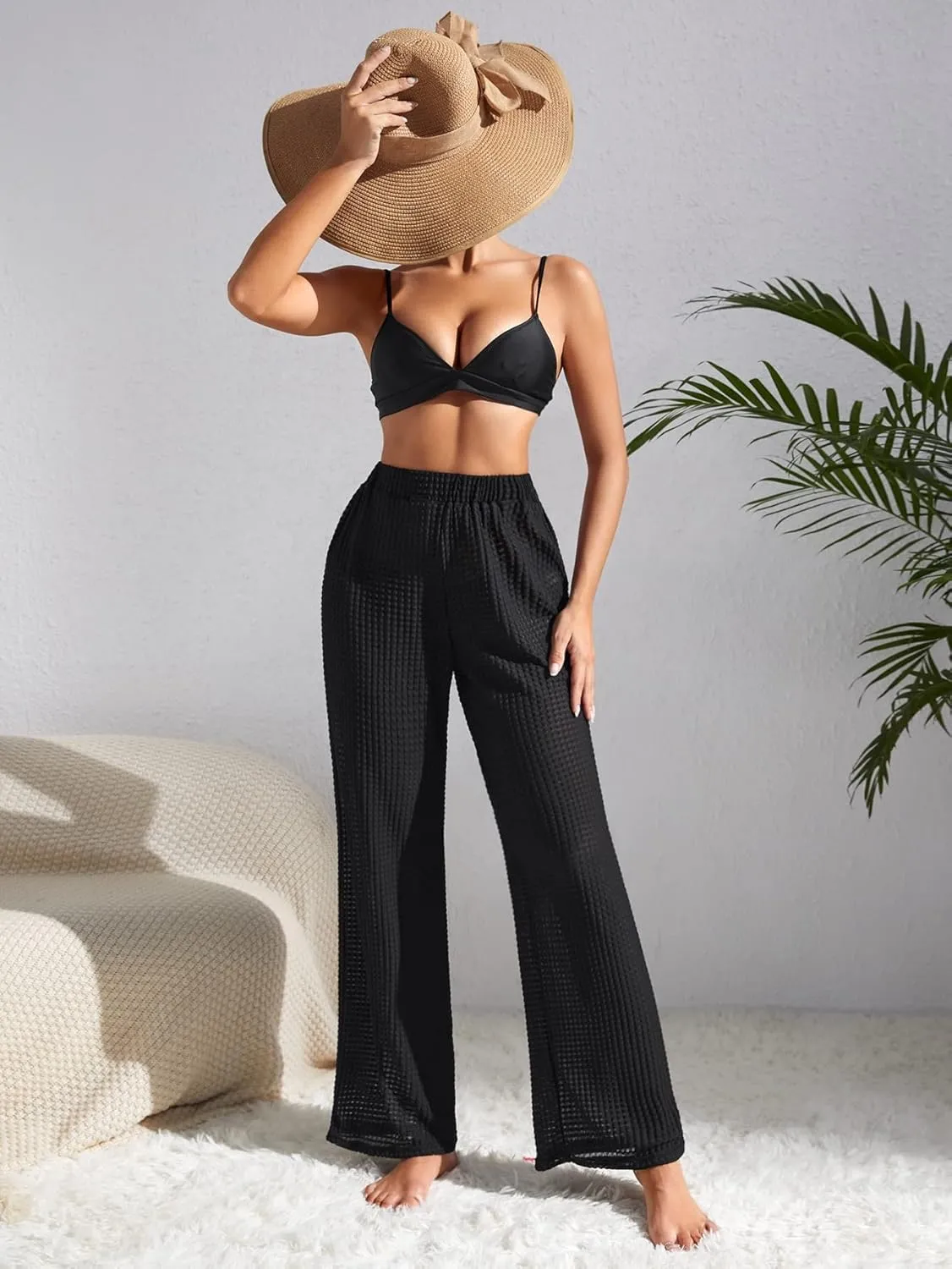 Milumia Women's High Waist Textured Cover Up Long Pants Summer Sheer Beach Trousers