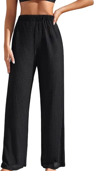 Milumia Women's High Waist Textured Cover Up Long Pants Summer Sheer Beach Trousers