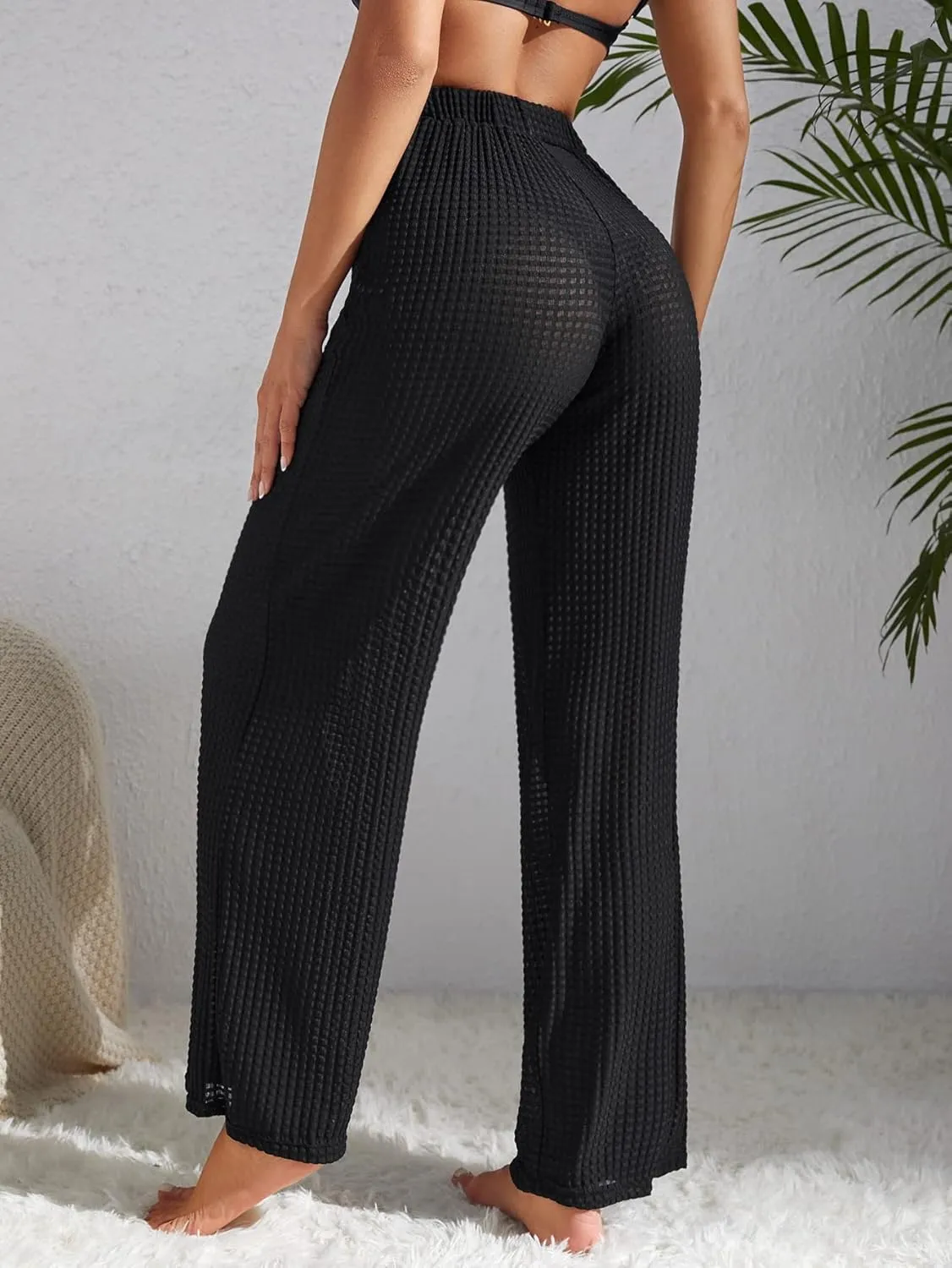 Milumia Women's High Waist Textured Cover Up Long Pants Summer Sheer Beach Trousers