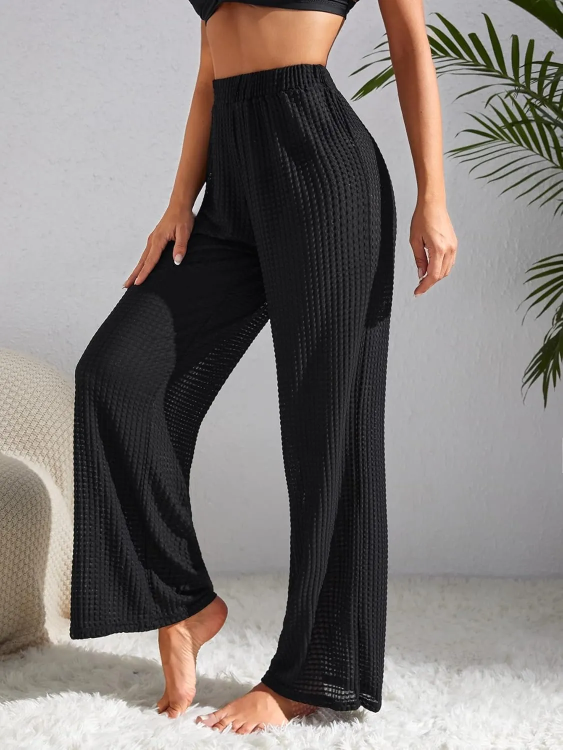 Milumia Women's High Waist Textured Cover Up Long Pants Summer Sheer Beach Trousers