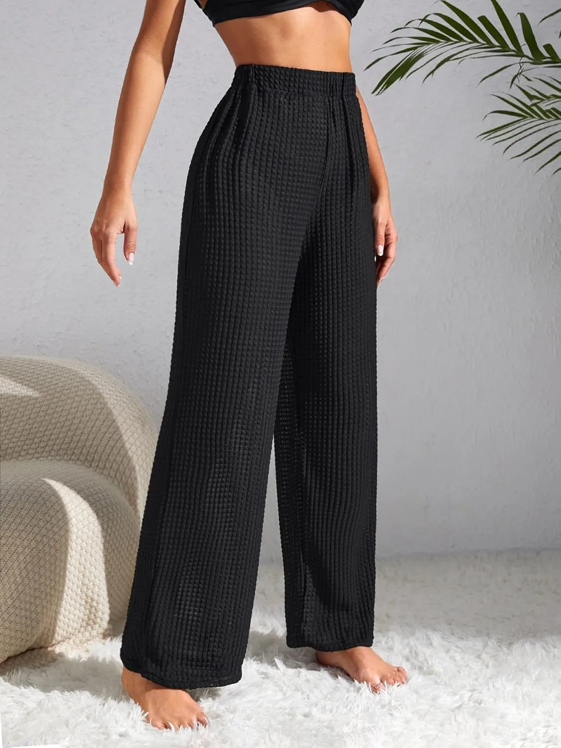 Milumia Women's High Waist Textured Cover Up Long Pants Summer Sheer Beach Trousers