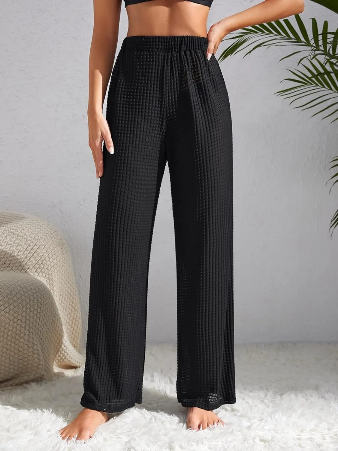 Milumia Women's High Waist Textured Cover Up Long Pants Summer Sheer Beach Trousers