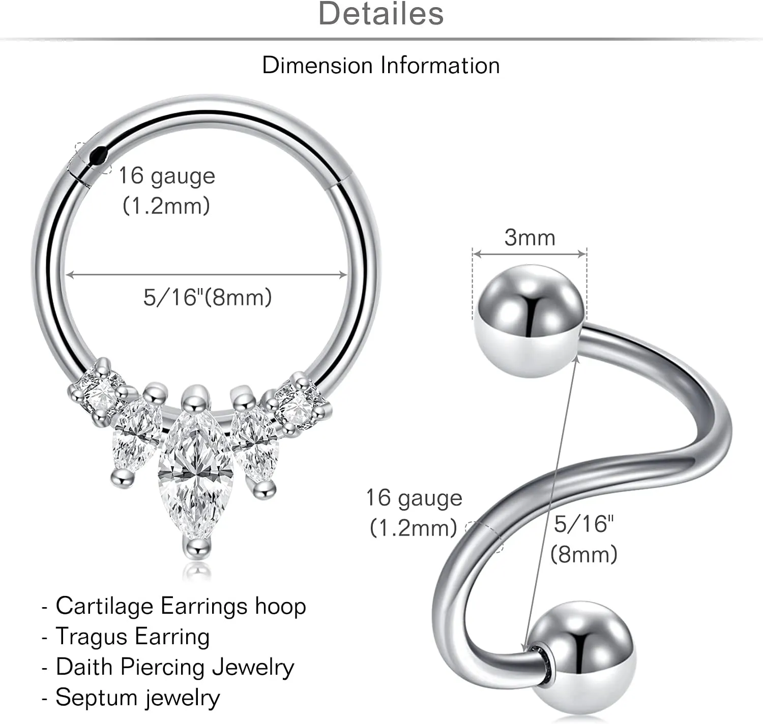 MODRSA Gold Cartilage Earring Silver Cartilage Piercing Jewelry 16g Helix Piercing Jewelry Cartilage Hoop Earring Helix Earrings Silver Cartilage Earring Stud 16 Gauge Cartilage Earrings for Women