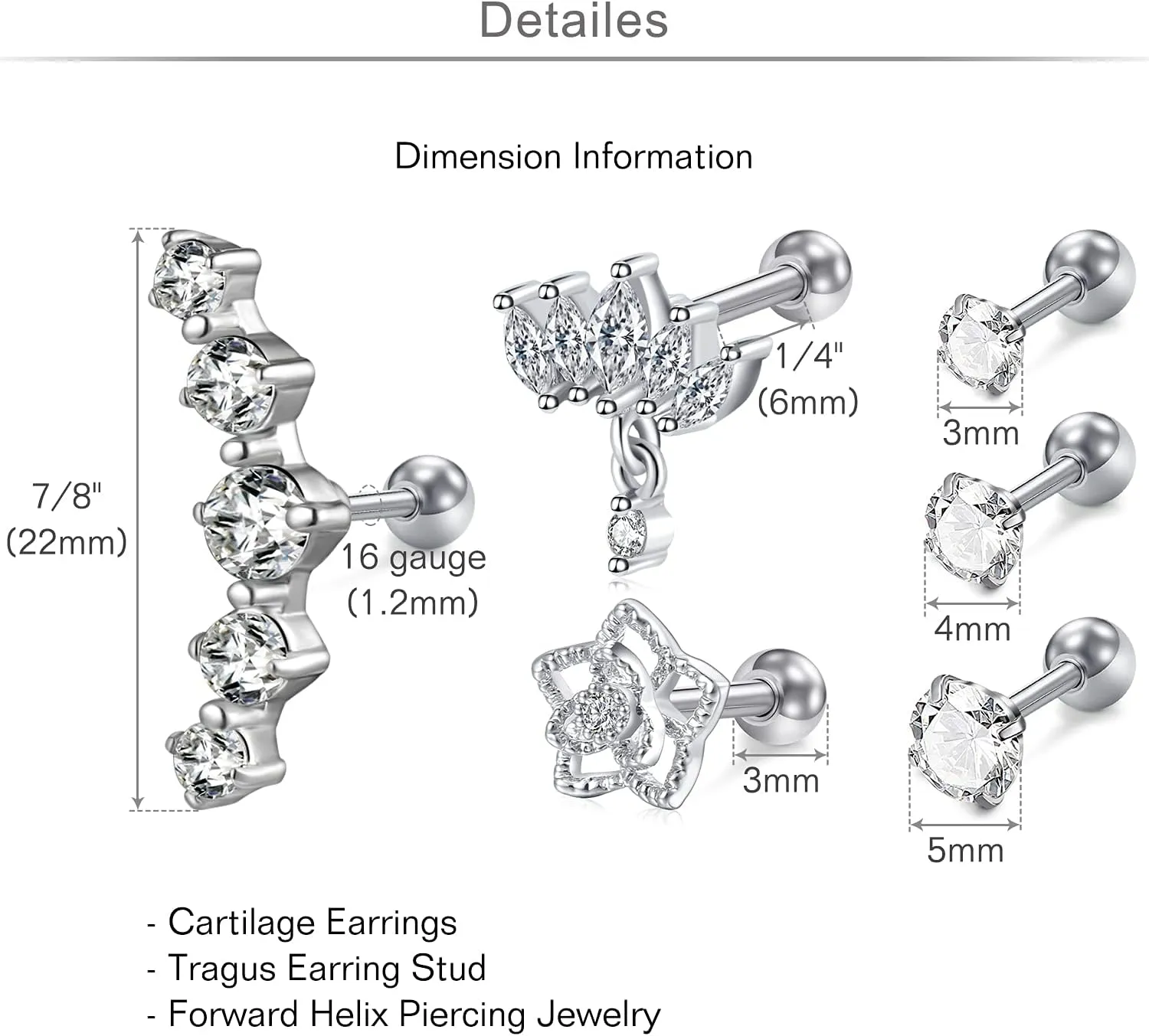 MODRSA Gold Cartilage Earring Silver Cartilage Piercing Jewelry 16g Helix Piercing Jewelry Cartilage Hoop Earring Helix Earrings Silver Cartilage Earring Stud 16 Gauge Cartilage Earrings for Women