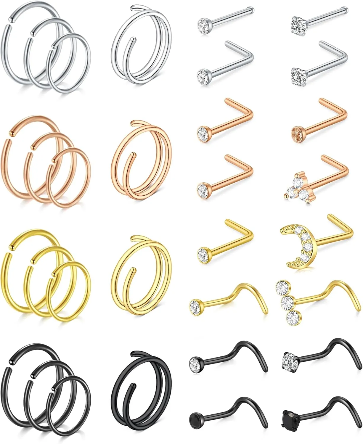MODRSA Hoop Nose Rings - 20g L Shape Studs, Surgical Steel Corkscrew Hoops