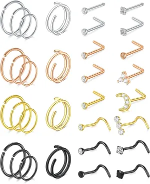 MODRSA Hoop Nose Rings - 20g L Shape Studs, Surgical Steel Corkscrew Hoops