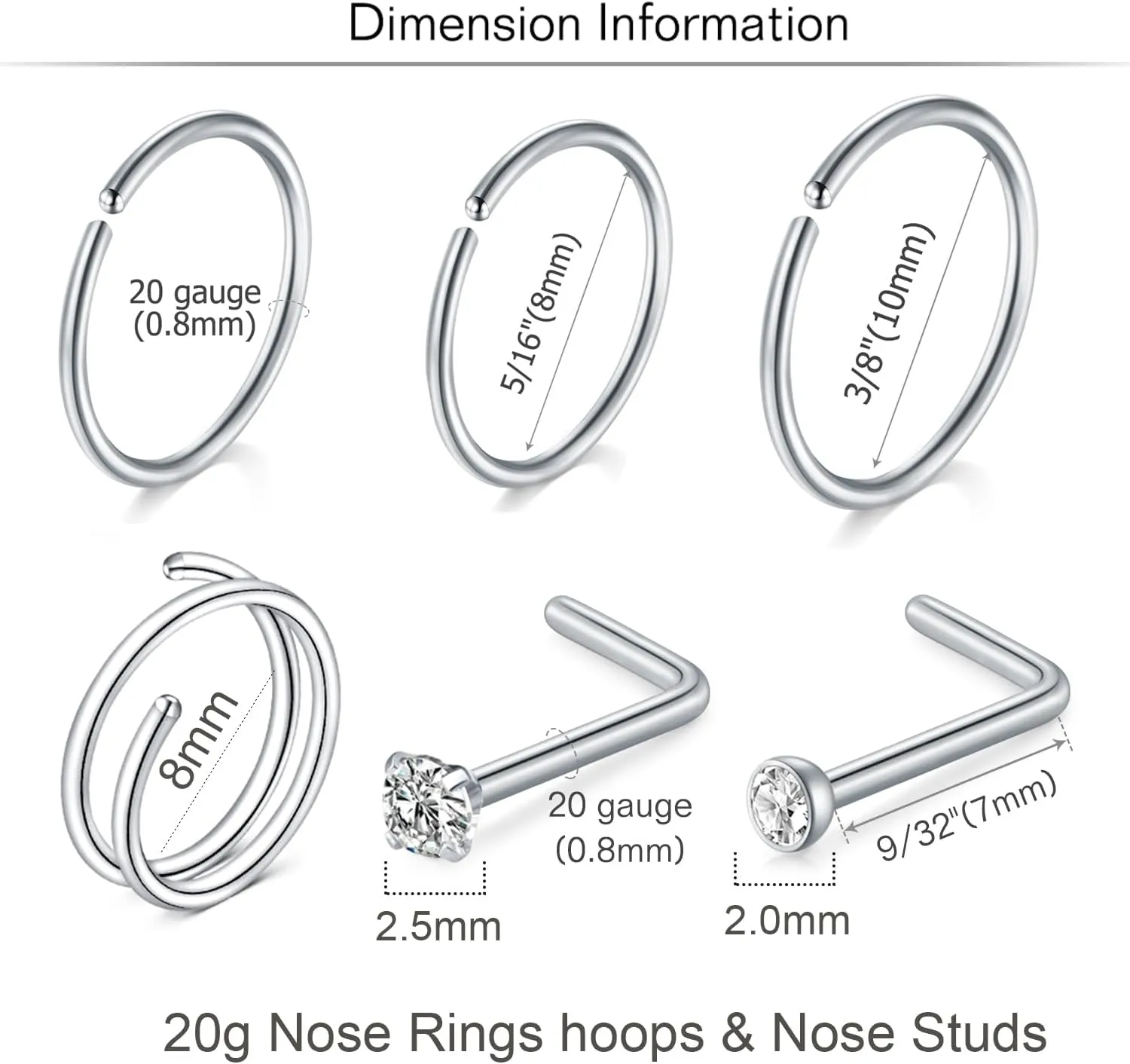 MODRSA Nose Hoops & Rings - L-Shaped, Studs, Gold & Silver Nose Piercings - 20g & 22g - Surgical Stainless Steel & Corkscrew Designs for Women & Men