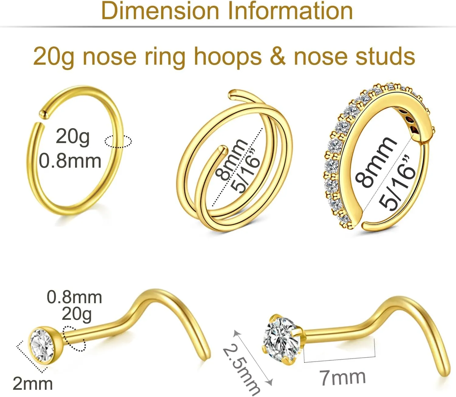 MODRSA Nose Hoops & Rings - L-Shaped, Studs, Gold & Silver Nose Piercings - 20g & 22g - Surgical Stainless Steel & Corkscrew Designs for Women & Men