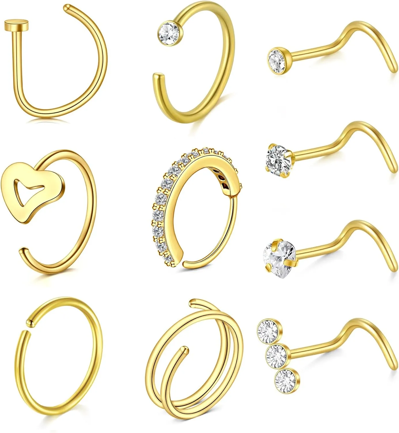MODRSA Nose Hoops & Rings - L-Shaped, Studs, Gold & Silver Nose Piercings - 20g & 22g - Surgical Stainless Steel & Corkscrew Designs for Women & Men