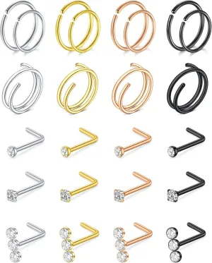 MODRSA Nose Hoops & Rings - L-Shaped, Studs, Gold & Silver Nose Piercings - 20g & 22g - Surgical Stainless Steel & Corkscrew Designs for Women & Men