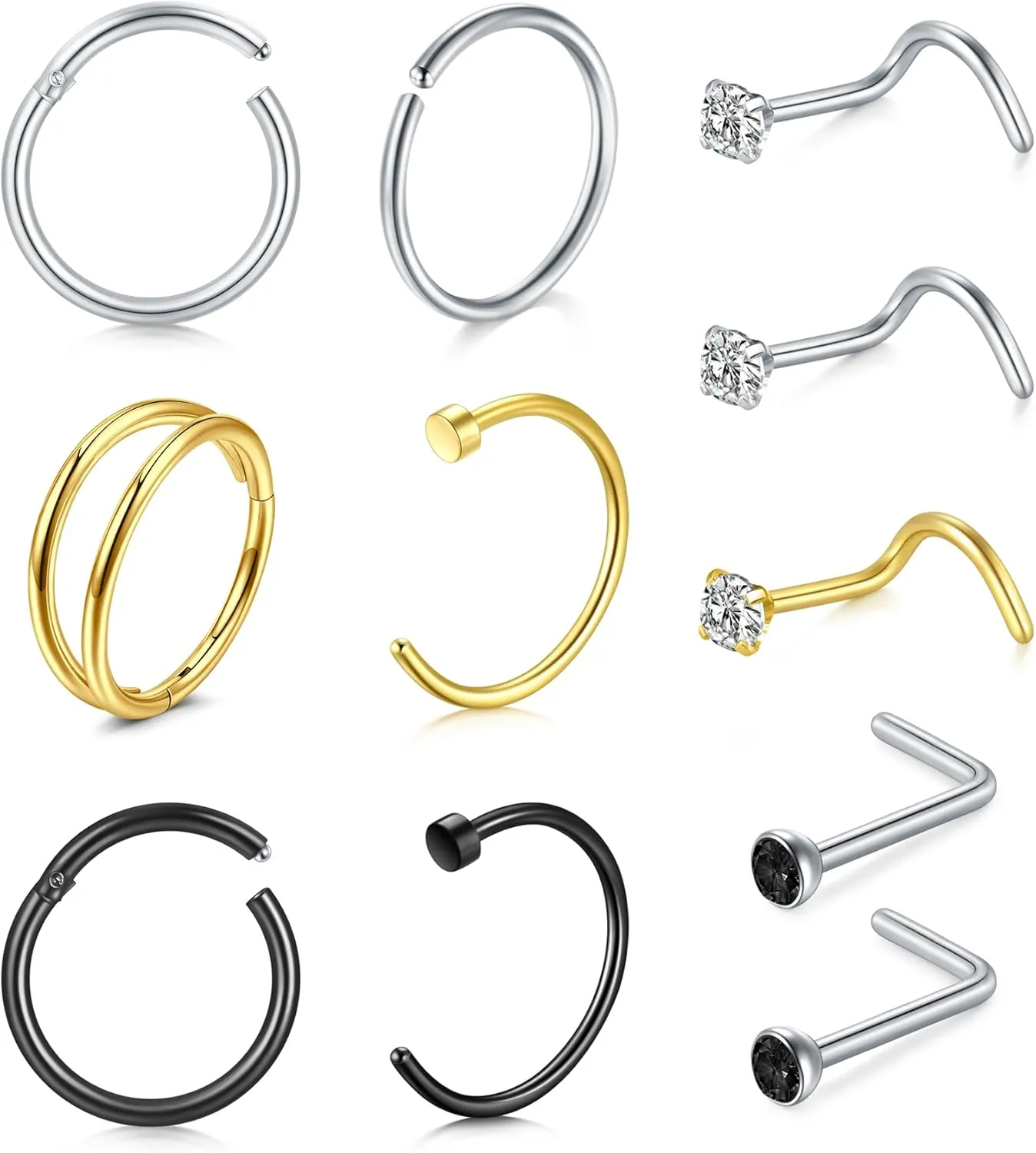 MODRSA Nose Rings 16gauge L Shape Nose Studs Nose Screw Surgical Stainless Steel Thick C Shape Nose Ring Hoop High Nostril Nose Piercing Jewelry for Women Men