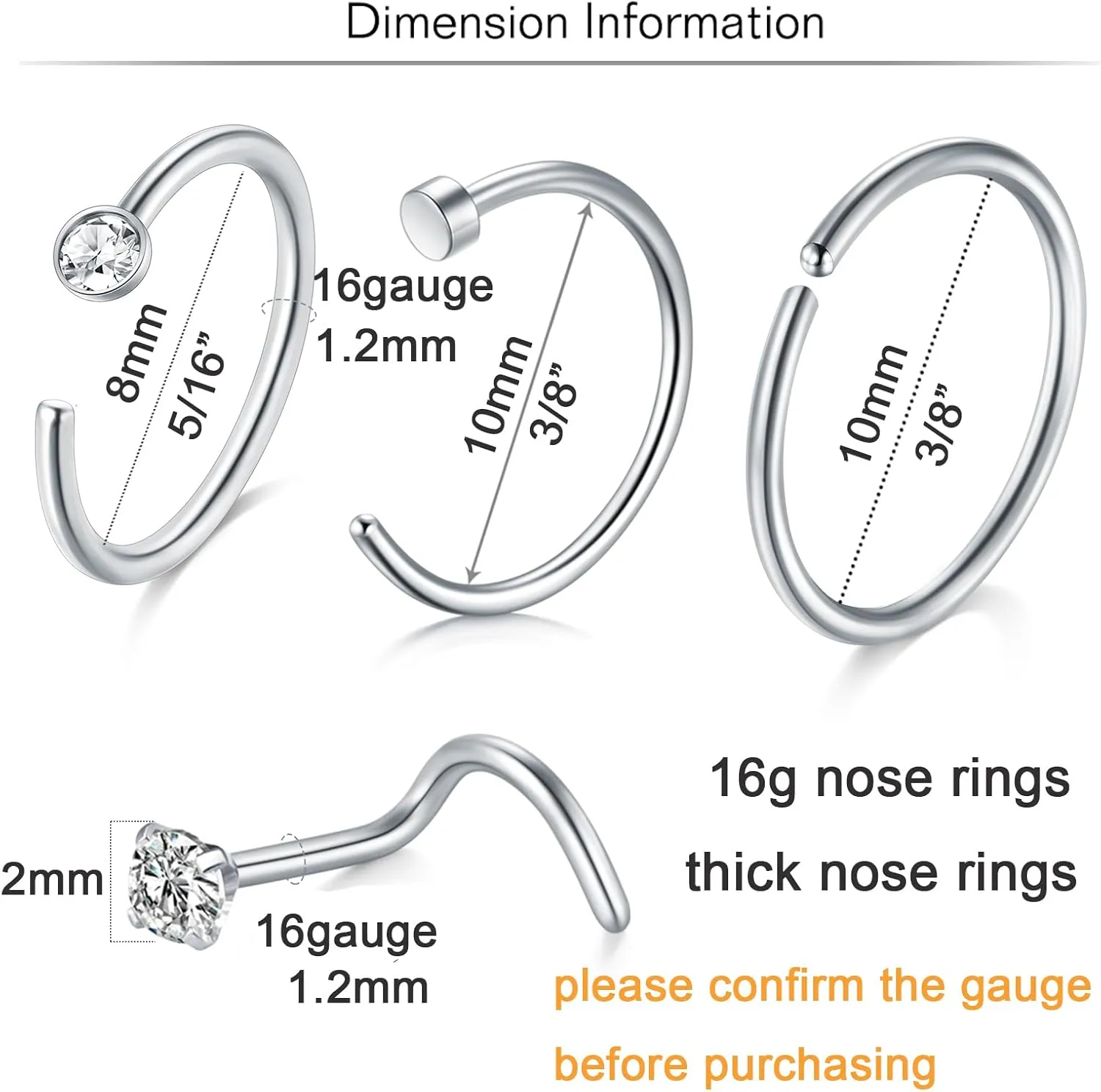MODRSA Nose Rings 16gauge L Shape Nose Studs Nose Screw Surgical Stainless Steel Thick C Shape Nose Ring Hoop High Nostril Nose Piercing Jewelry for Women Men