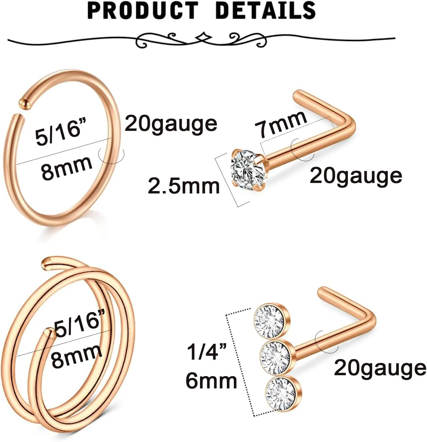 MODRSA Nose Rings - 20g Hoops & Studs in Surgical Steel & Silver Rose Gold