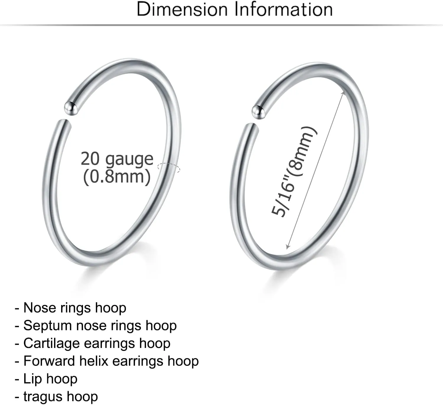 MODRSA Nose Rings - 20g Hoops & Studs in Surgical Steel & Silver Rose Gold