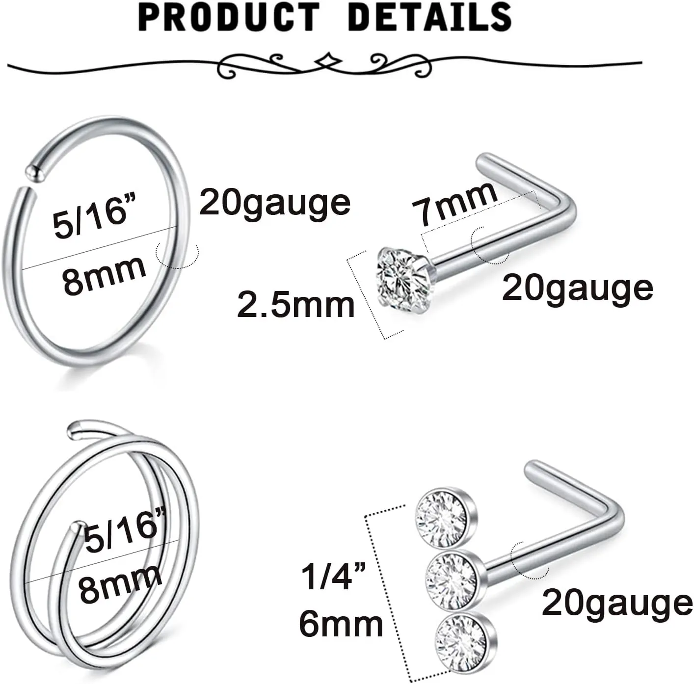 MODRSA Nose Rings - 20g Hoops & Studs in Surgical Steel & Silver Rose Gold