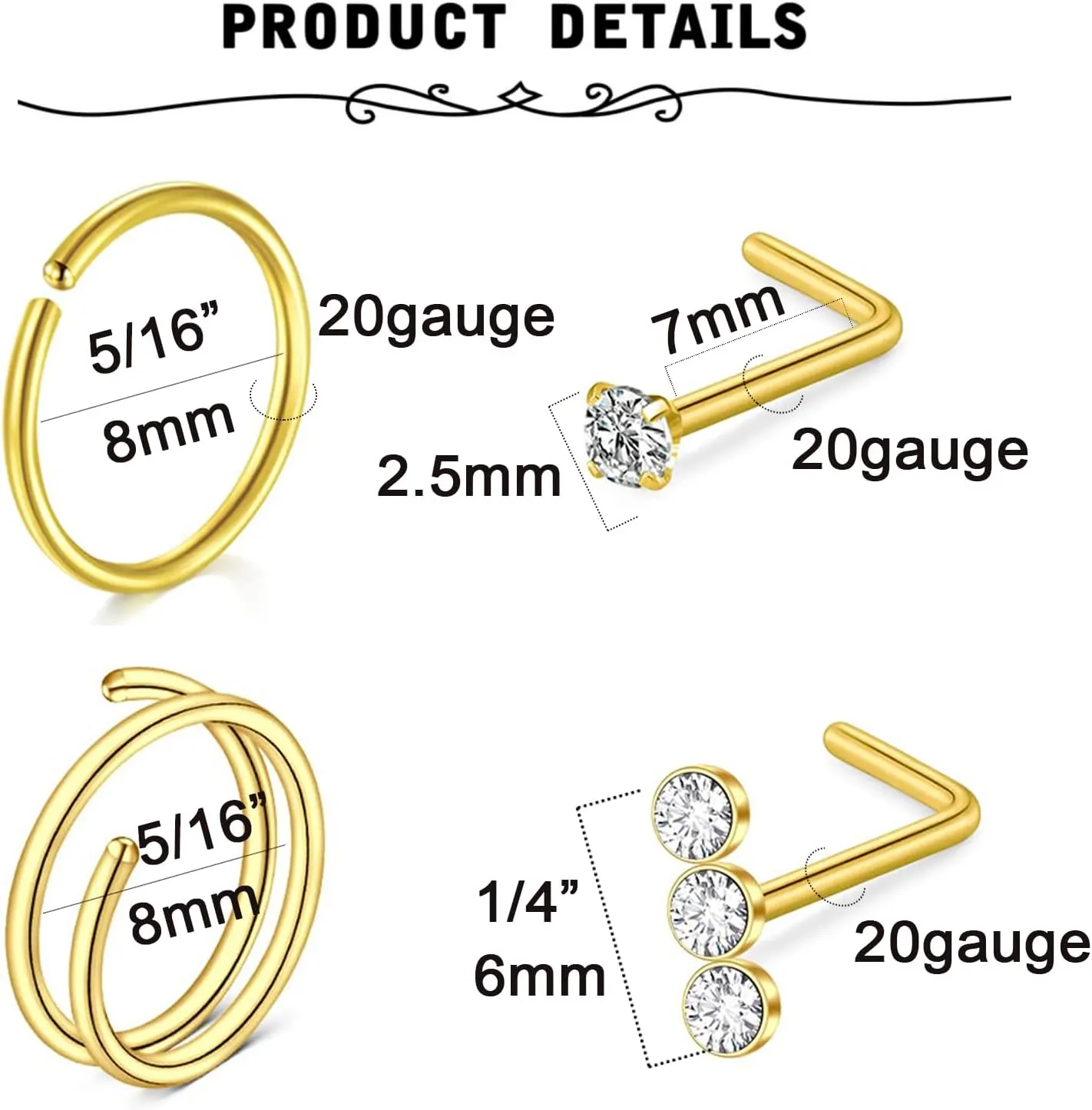 MODRSA Nose Rings - 20g Hoops & Studs in Surgical Steel & Silver Rose Gold