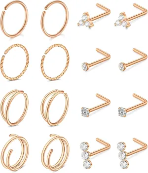 MODRSA Nose Rings - 20g Hoops & Studs in Surgical Steel & Silver Rose Gold