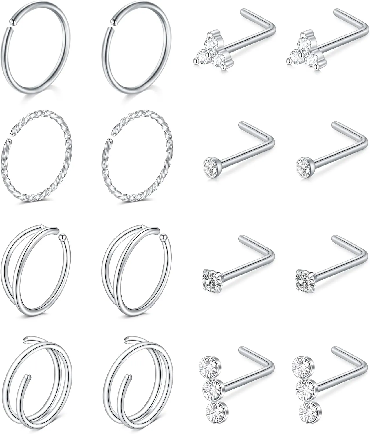 MODRSA Nose Rings - 20g Hoops & Studs in Surgical Steel & Silver Rose Gold