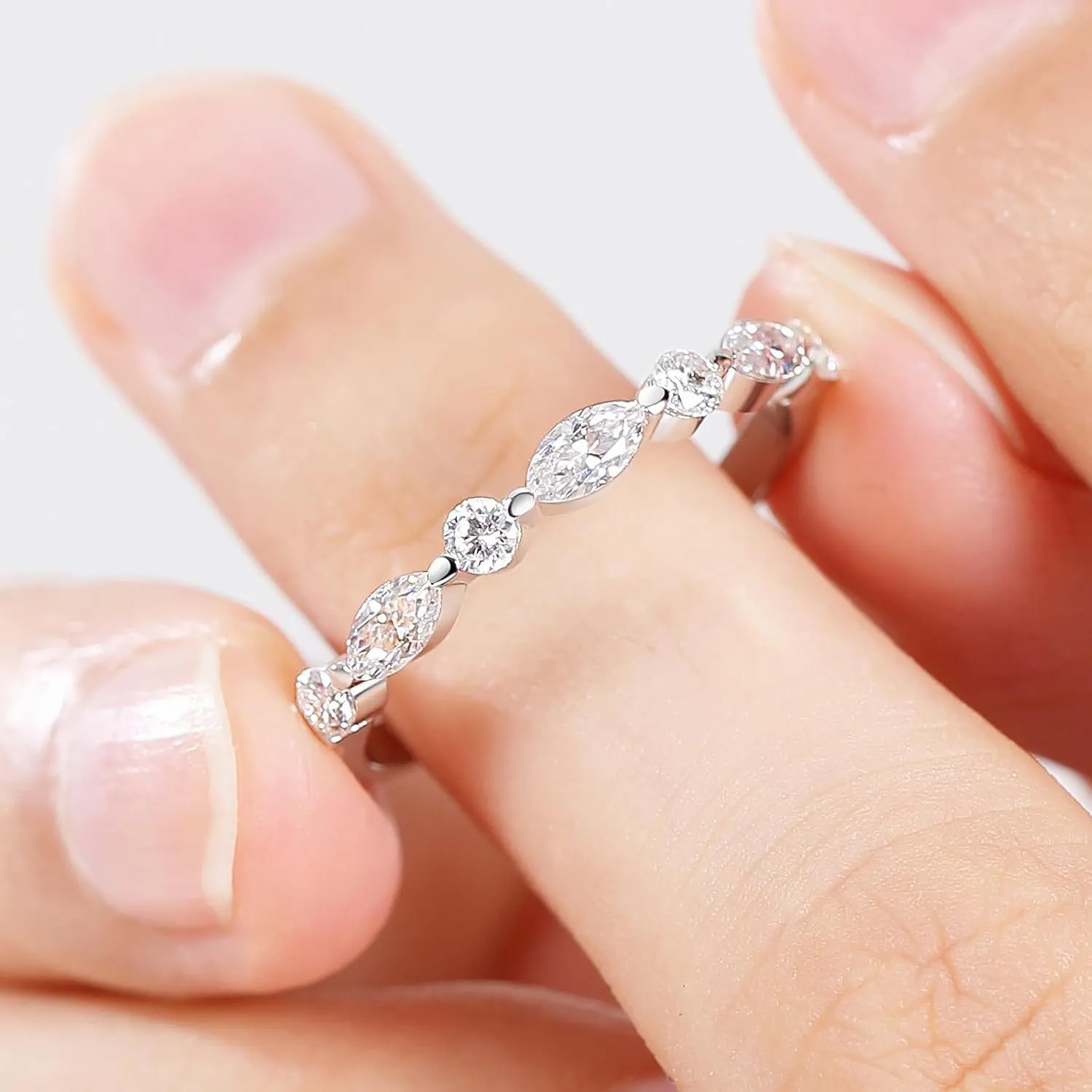 Moissanite Rings, Sterling Silver Ring White Gold Plated Half Eternity Wedding Bands for Women Her Size 5-10