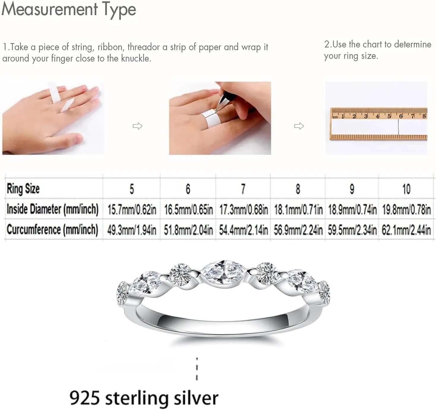 Moissanite Rings, Sterling Silver Ring White Gold Plated Half Eternity Wedding Bands for Women Her Size 5-10