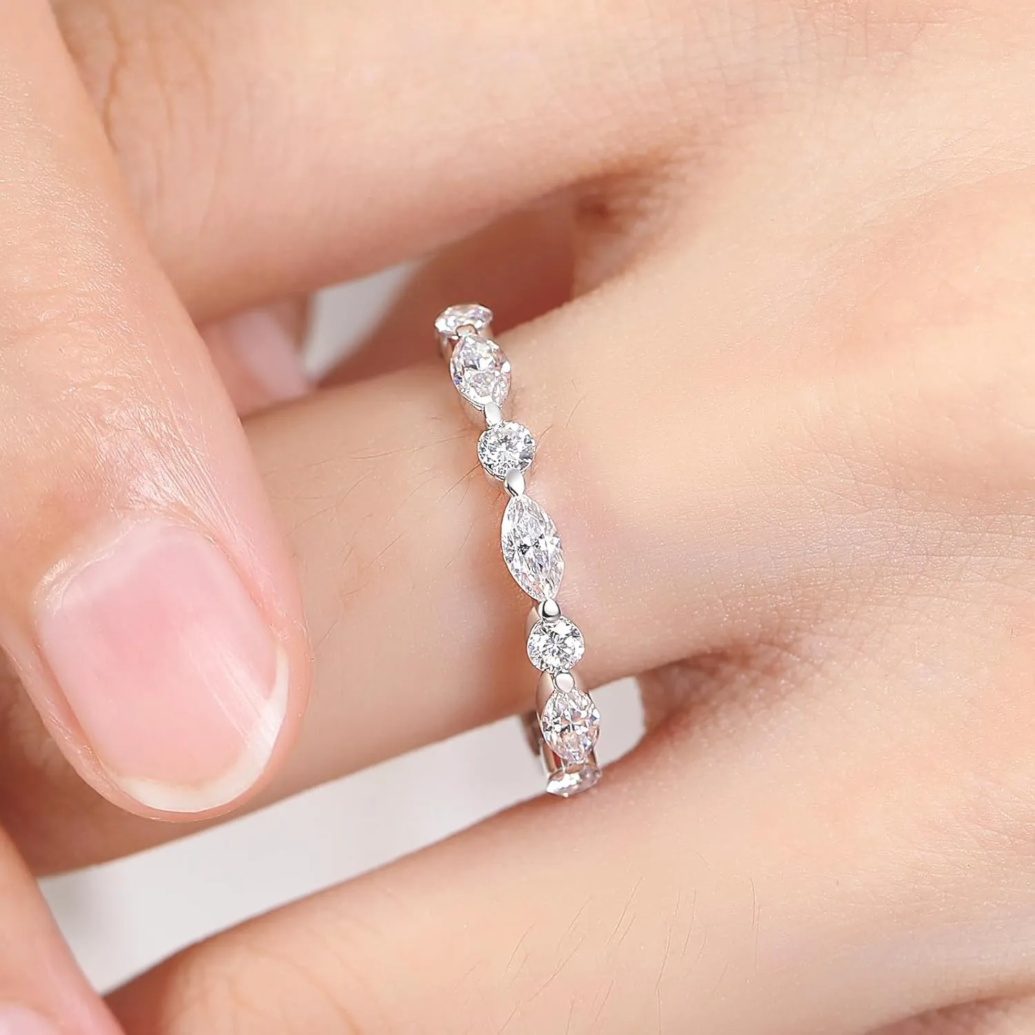 Moissanite Rings, Sterling Silver Ring White Gold Plated Half Eternity Wedding Bands for Women Her Size 5-10
