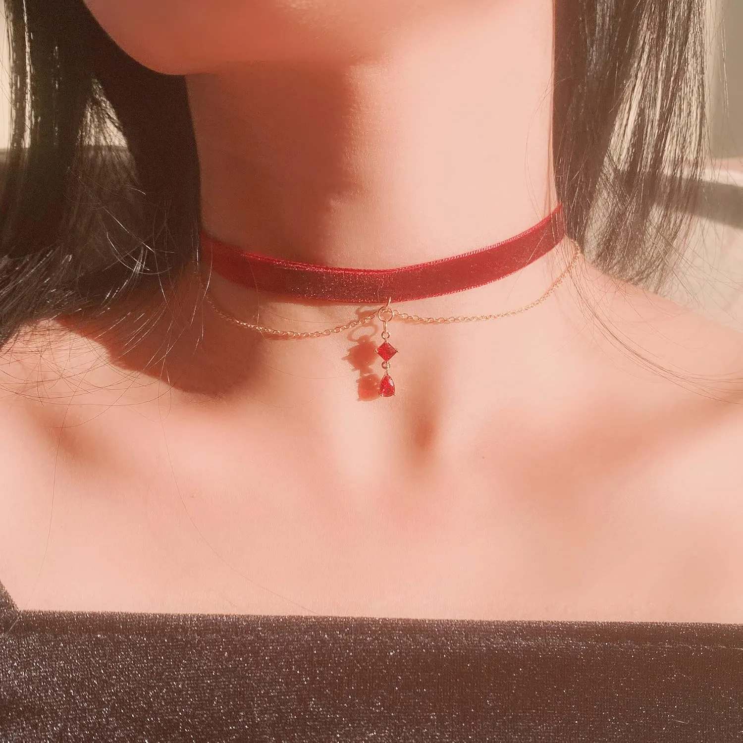 MOMOCAT Black Velvet Red Pendant Choker Necklace for Women Gothic Lace Chokers Necklace Witch Bride Vampire Accessories Aesthetic kawaii Jewelry for Women Teen Girls
