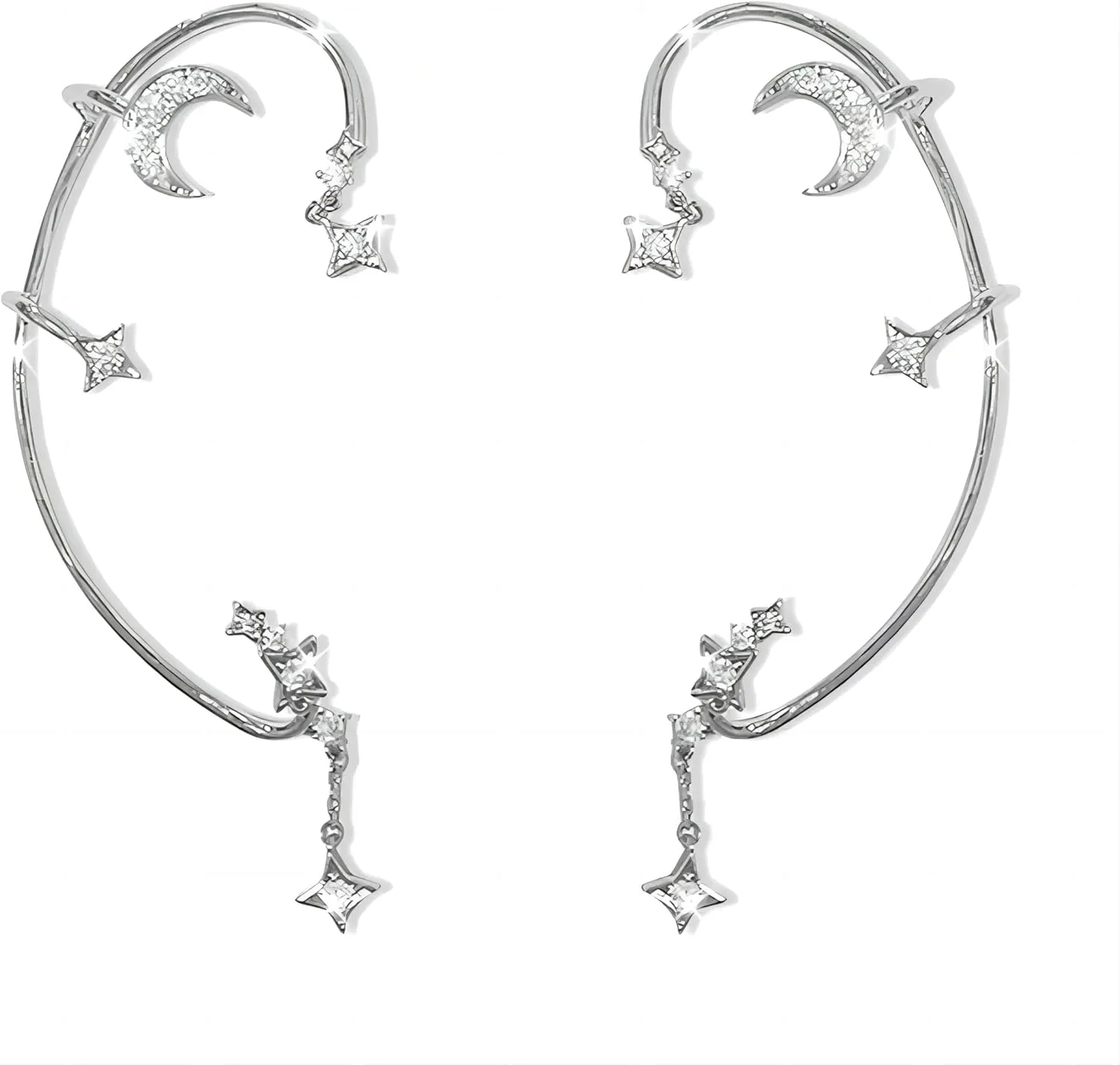 Moon Star Ear Cuff Earrings for Women Rhinestone Non Pierced Ear Crawler Clips Ear Cuffs for Women Non Piercing Ear Clip on Cuff Wrap Climber Crawler Earrings (Moon ear cuff)